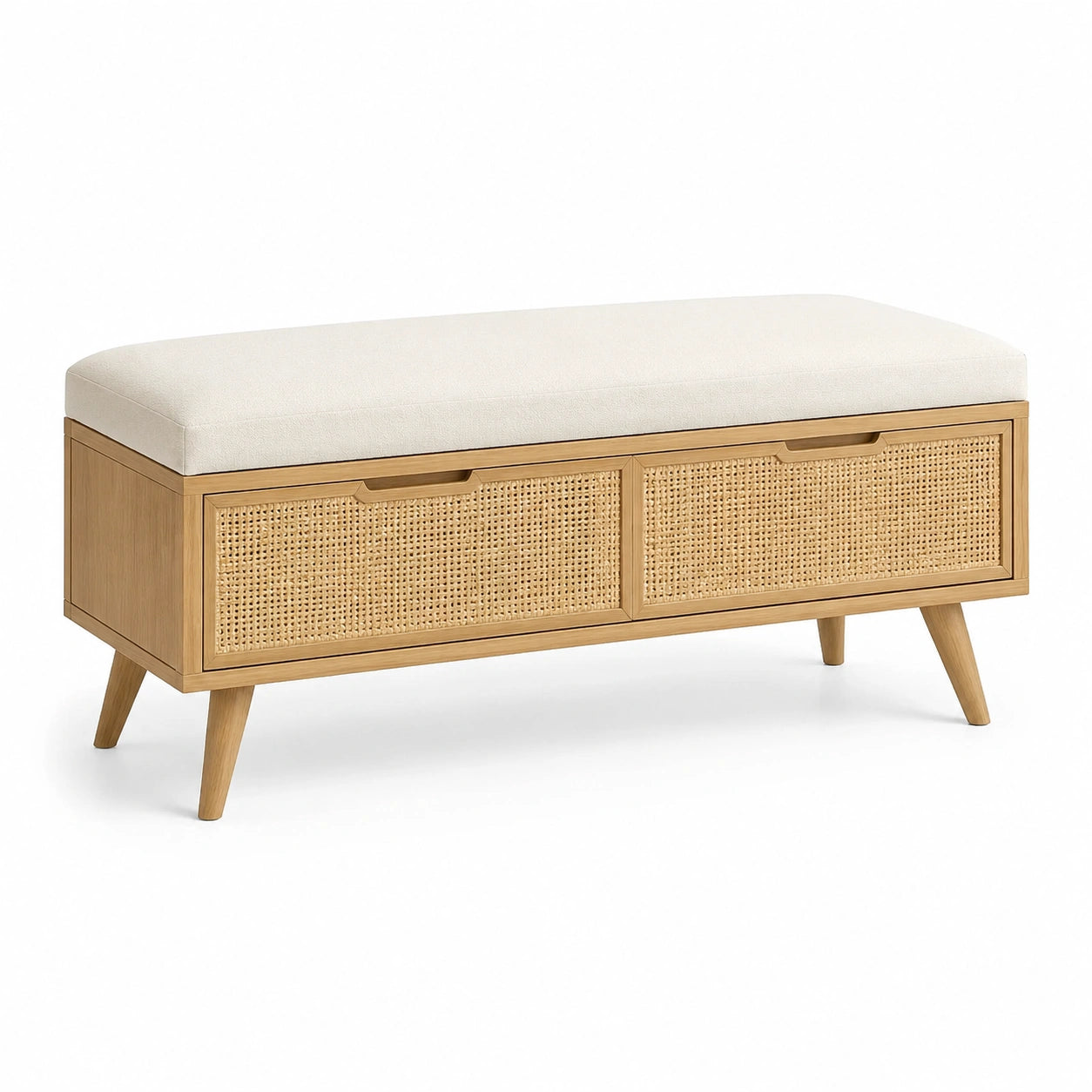 Aufbewahrungsbank aus Eiche und Rattan mit Polsterkissen 120x40x45cm