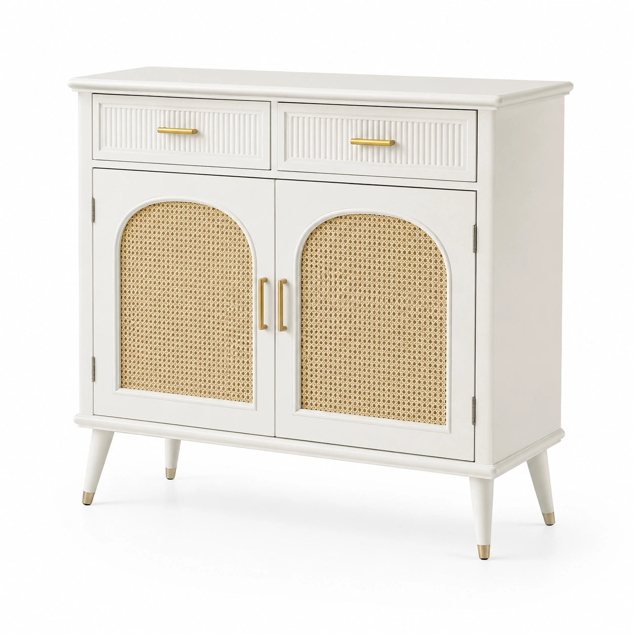 Sideboard aus Holz und Rattan mit Messinggriffen in Weiß/Natur 80x35x90 cm