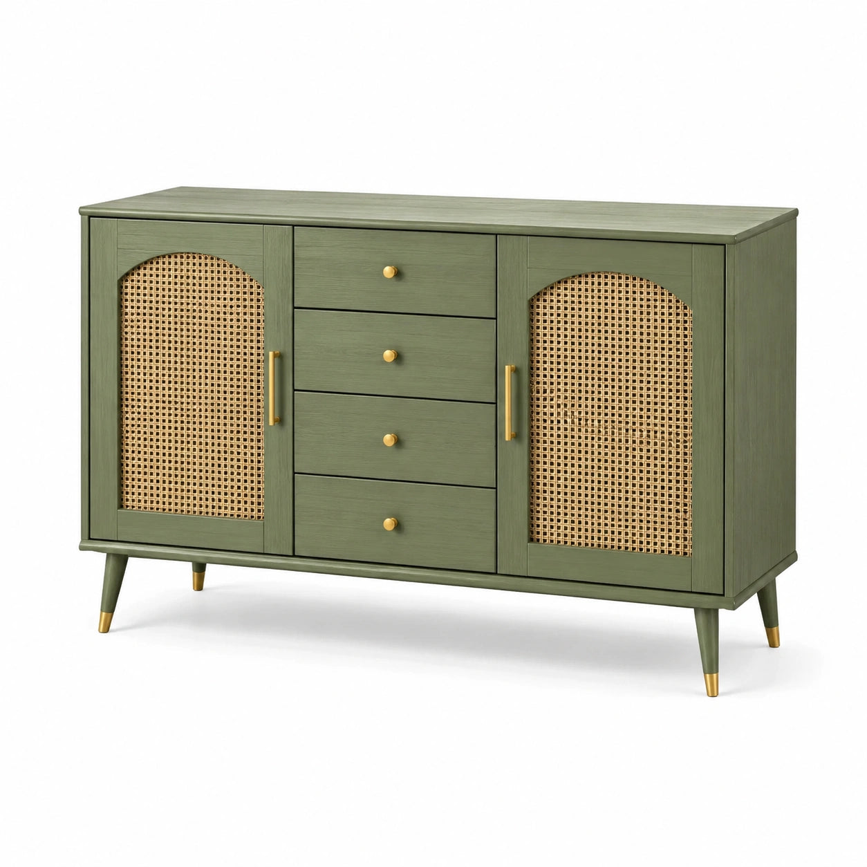 Grünes Sideboard mit MDF und Rattan-Fronten, 120 cm x 40 cm x 80 cm