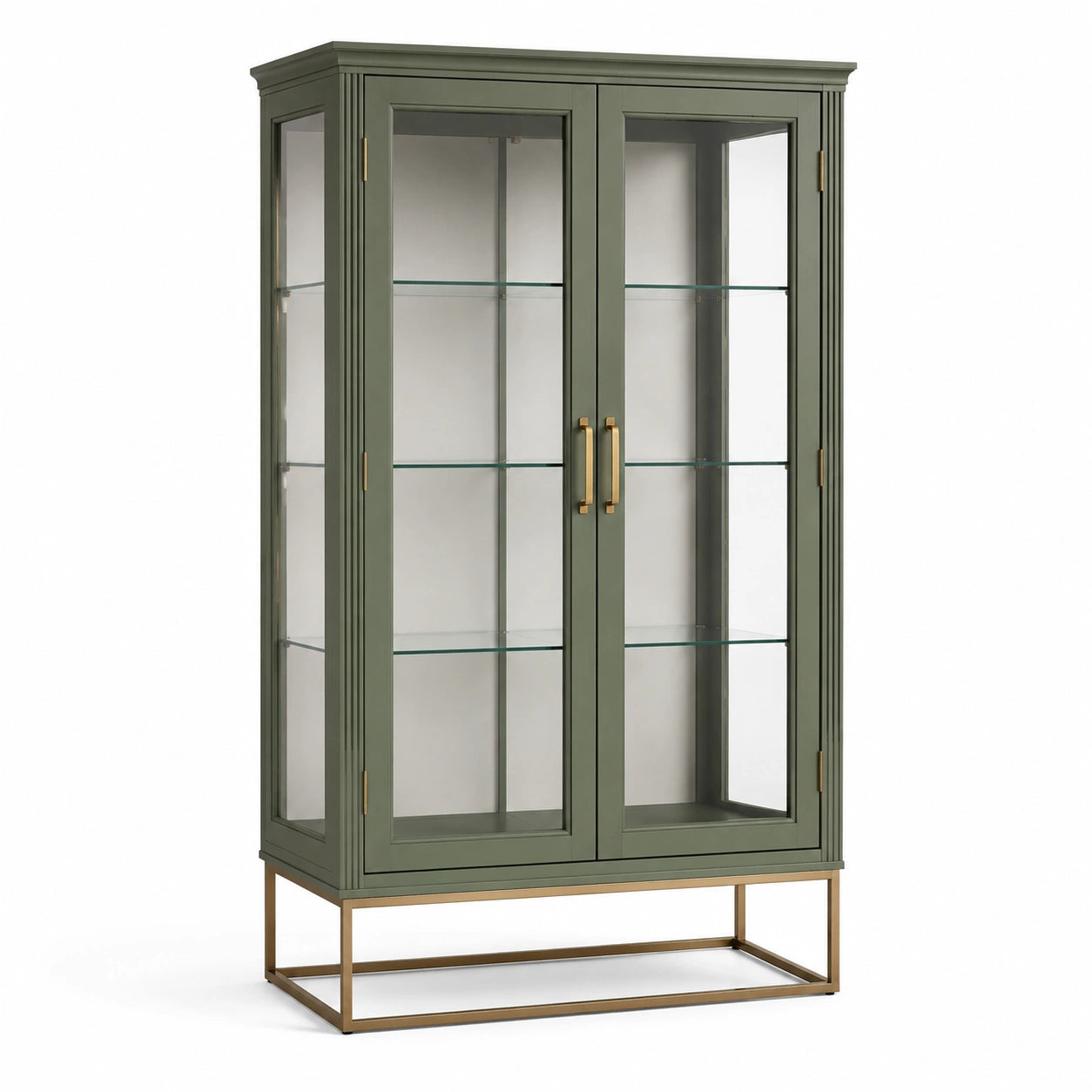 Vitrine mit gehärtetem Glas und Metallrahmen in Olivgrün