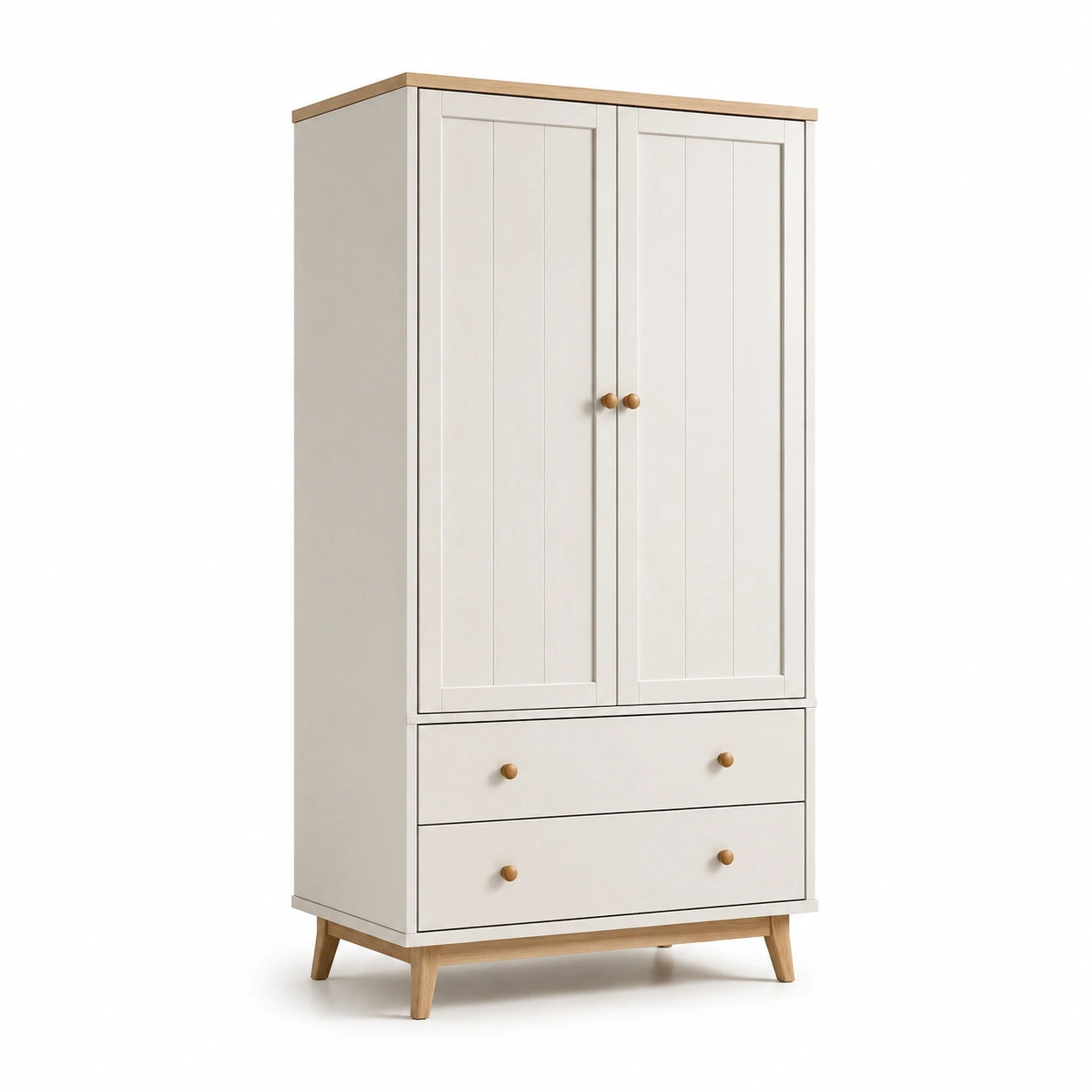 Kleiderschrank mit 2 Türen und 2 Schubladen aus Holz Weiß/Natur 180cm Höhe