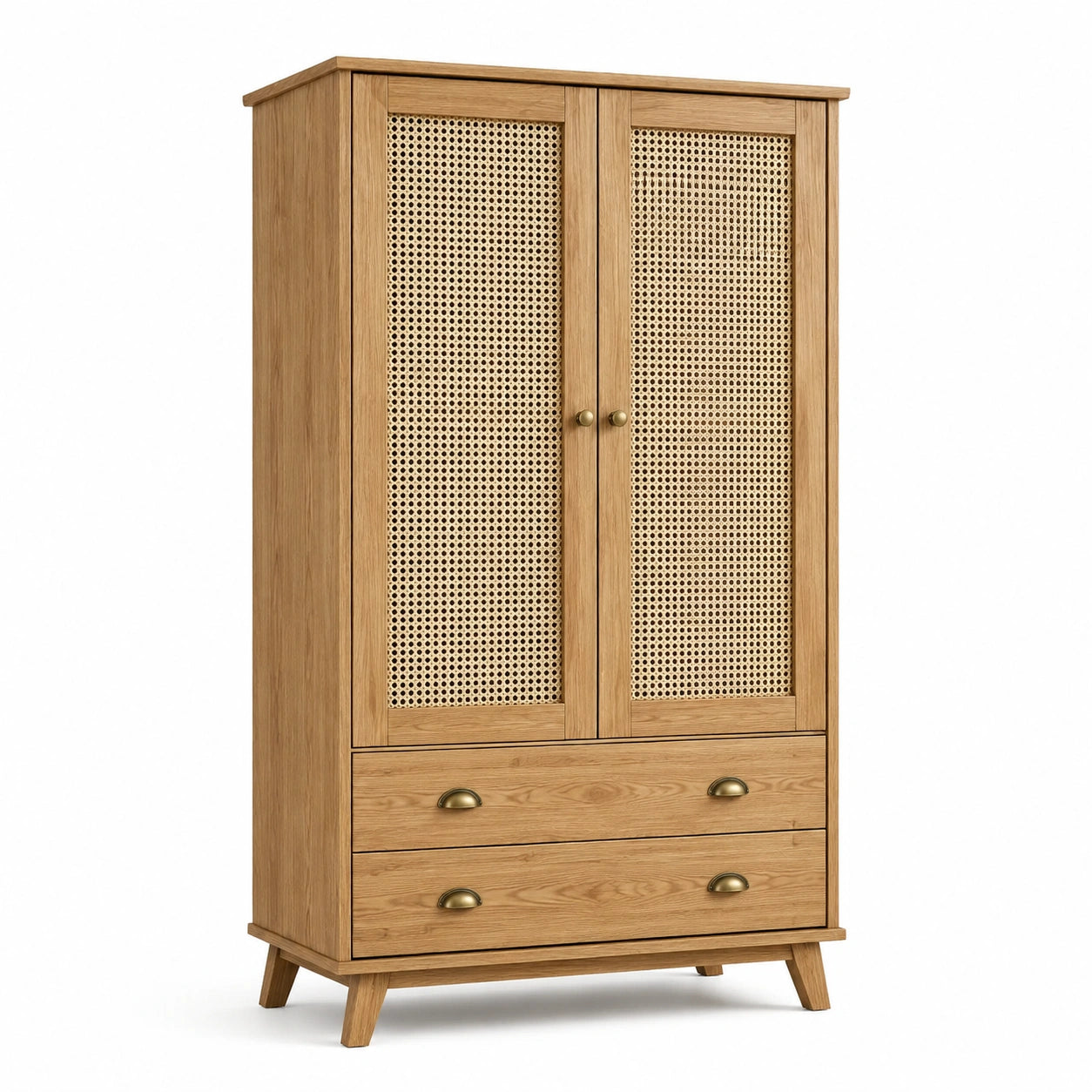 Kleiderschrank aus Eichenholz mit Rattan-Türen und Schubladen