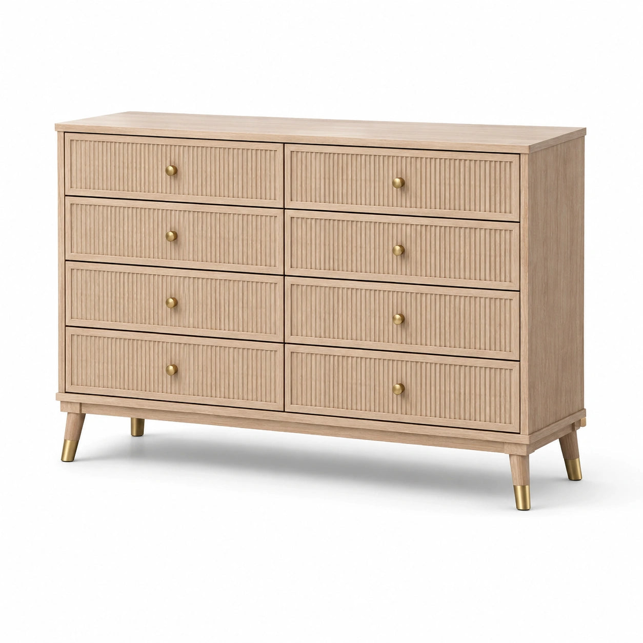 Kommode mit 8 Schubladen aus MDF und Eichenfurnier mit Metallfüßen in Beige