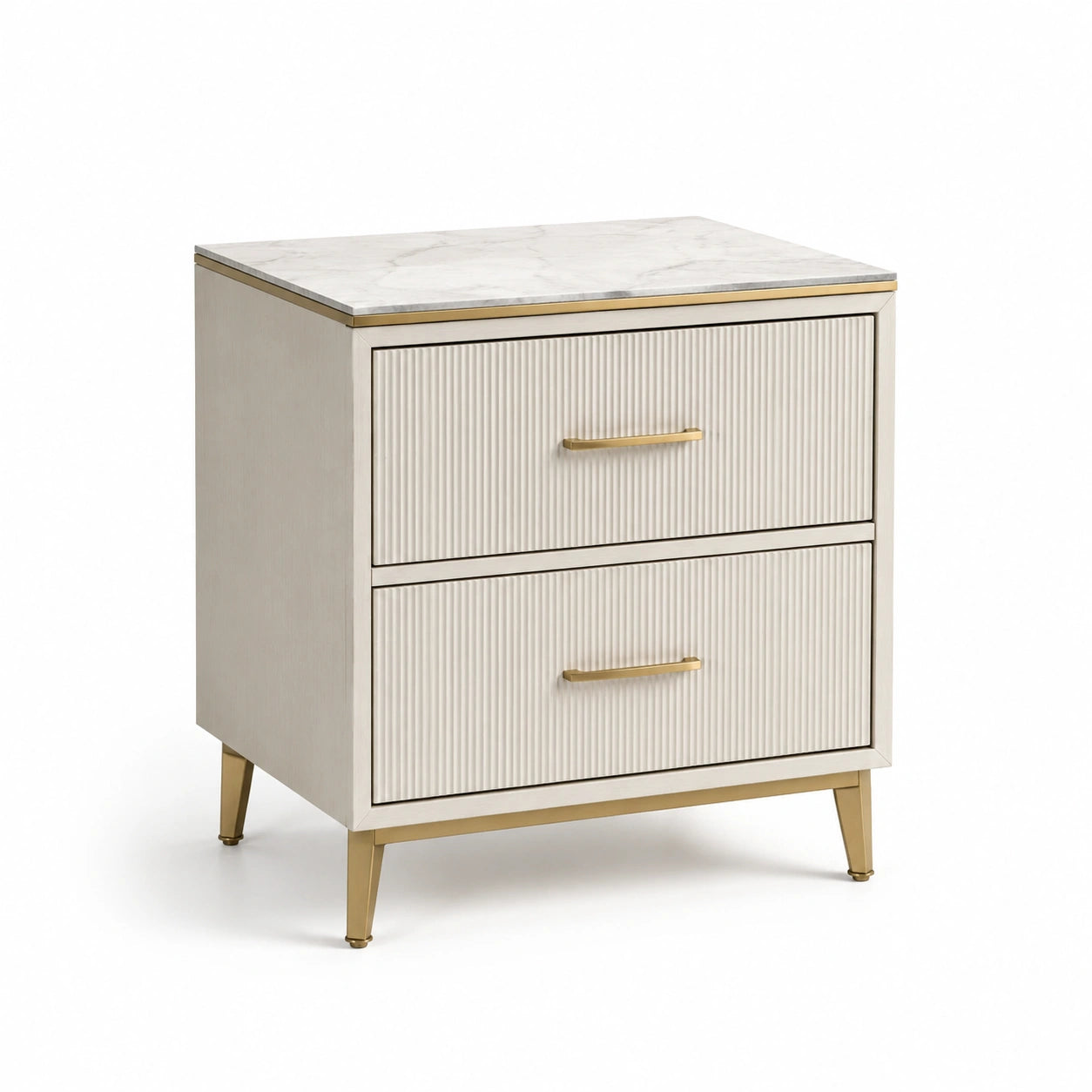 Nachttisch rechteckig Creme Gold Marmor MDF Messing 2 Schubladen 55x45x40 cm
