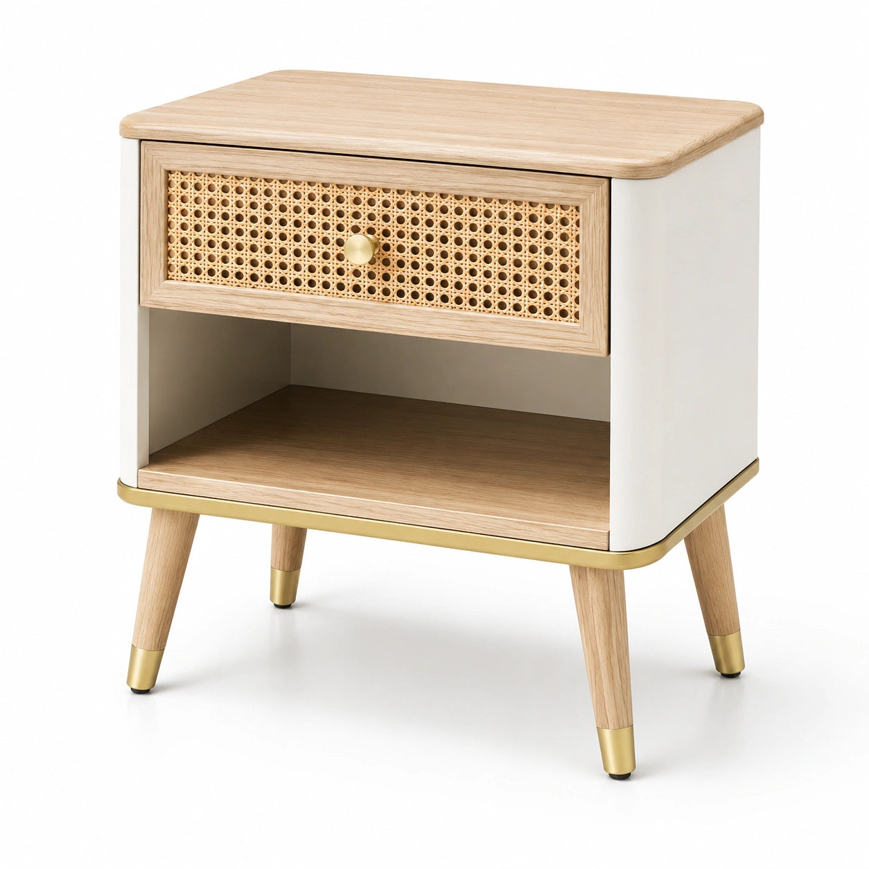 Holz-Nachttisch mit Rattan und Messingakzenten, 50x40x60cm