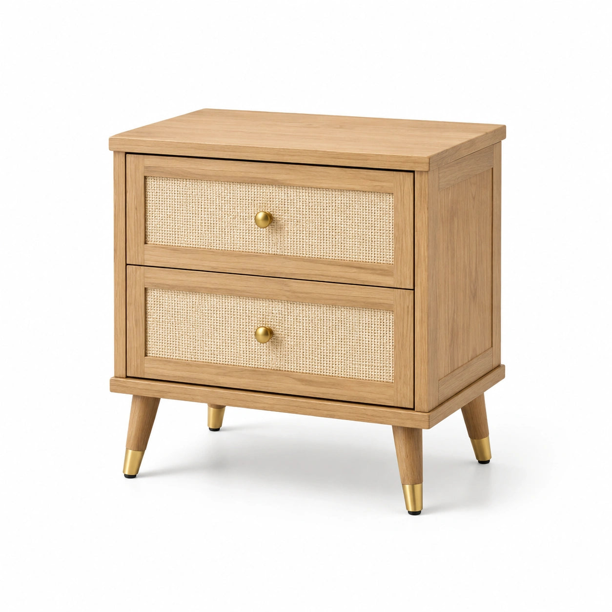 Eichenholz Nachttisch mit Rattan Schubladen Beige