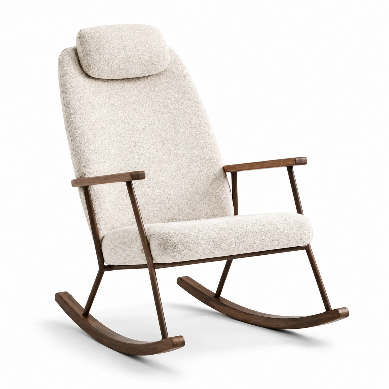 Schaukelstuhl aus Walnussholz mit Bouclé-Stoff Beige