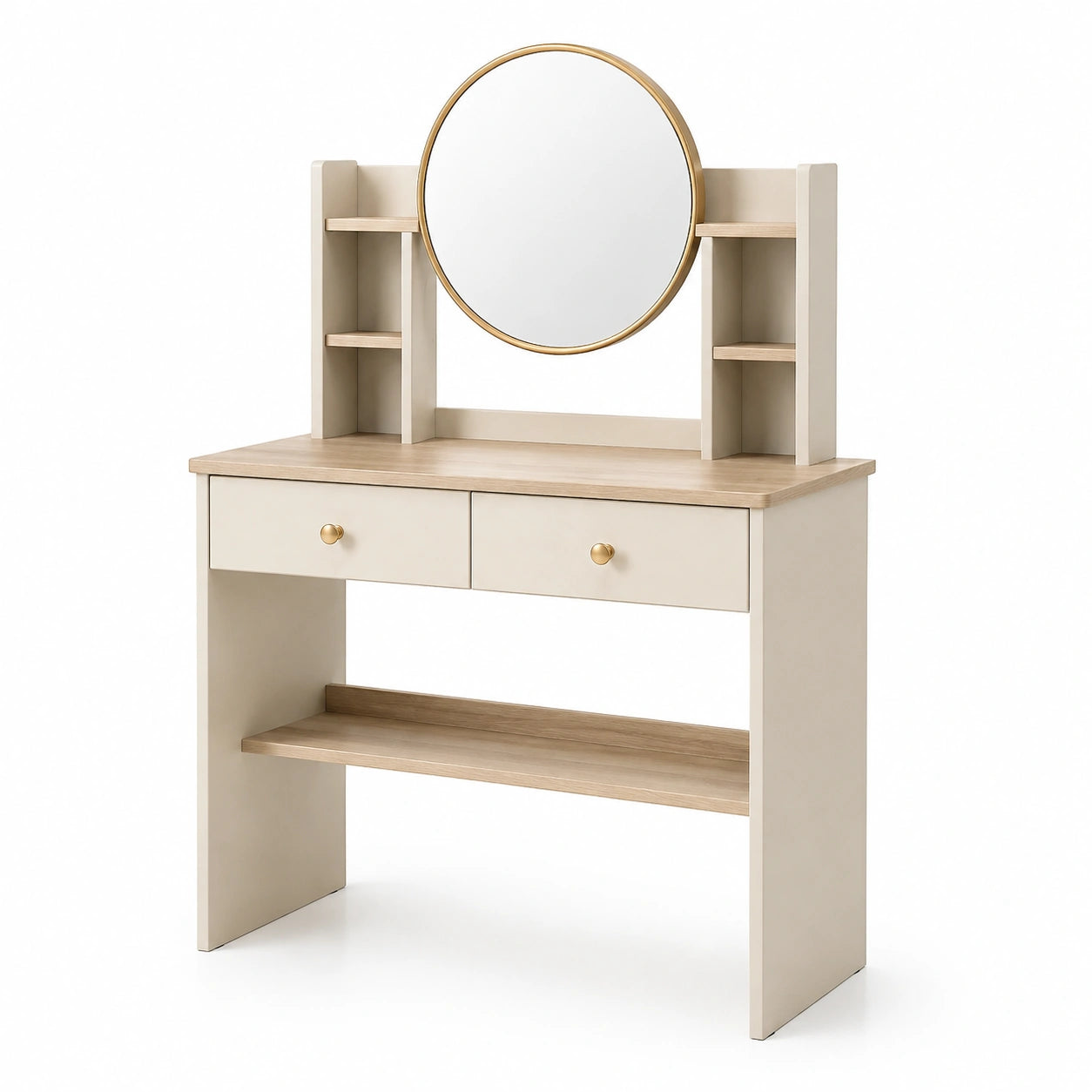 Schminktisch mit rundem Spiegel Holz Beige 80x40x140cm